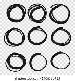 Set hand drawn pencil or marker round circles line sketch set. Circular scribble doodle oval. Highlight circle frames. For message note mark design element. Vector illustration. Transparent background
