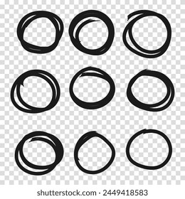 Set hand drawn pencil or marker round circles line sketch set. Circular scribble doodle oval. Highlight circle frames. For message note mark design element. Vector illustration. Transparent background