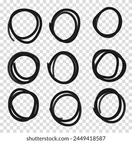 Set hand drawn pencil or marker round circles line sketch set. Circular scribble doodle oval. Highlight circle frames. For message note mark design element. Vector illustration. Transparent background