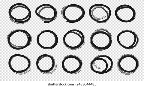 Set hand drawn pencil or marker round circles line sketch set. Circular scribble doodle oval. Highlight circle frames. For message note mark design element. Vector illustration. Transparent background