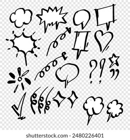 set of hand drawn pencil sketch bubbles, emphasis, punctuation mark, arrow