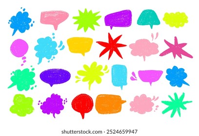 Set of hand drawn pencil speech bubbles. Color charcoal doodle check mark, explosion balloon, pencil stroke, swoop line icon.