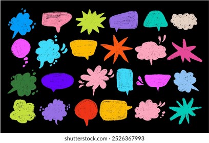 Set of hand drawn pencil speech bubbles. Color charcoal doodle check mark, explosion balloon, pencil stroke, swoop line icon.