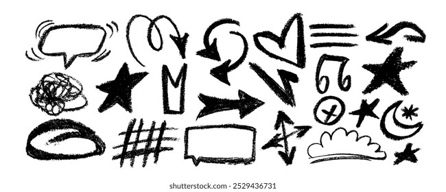 Set of hand drawn pencil speech bubbles, arrow, cheart, moon, grid, highlight text elements. Charcoal doodle check mark,  tar, pencil stroke,  line, arrows icon.