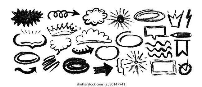 Set of hand drawn pencil speech bubbles, arrow, crown, tick, highlight text elements. Charcoal doodle check mark,  frame, pencil stroke,  line,  icon.