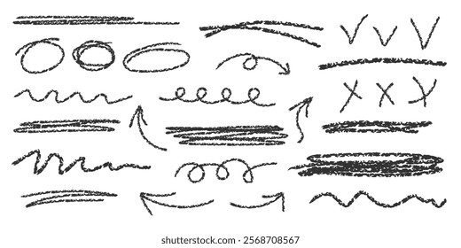 Set of hand drawn pencil texture strokes. Collection of textured crayon sketch elements. Abstract vector scribbles, lines, arrows, wavy lines shapes for creative design
