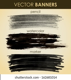 Set of hand drawn pencil, watercolor, marker banners. Vector illustration