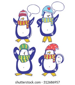 set of hand drawn penguin wearing scarf