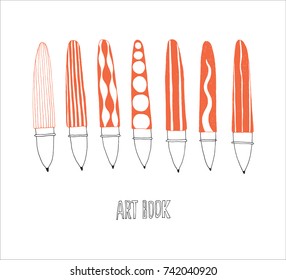 Set of hand drawn pens isolated on white background. Vector doodle illustration. Collection of school and office accessories and tools. Pens.