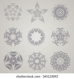 Set of hand drawn pentagram vector shapes, rosette, stars, geometric ornaments