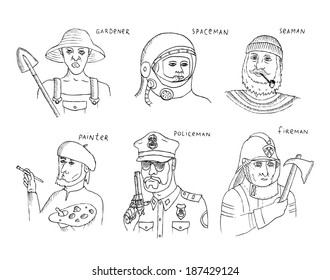 Set with hand drawn people of Different Professions. Doodle. Isolated on a white background.