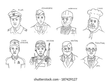 Set with hand drawn people of Different Professions. Doodle. Isolated on a white background.