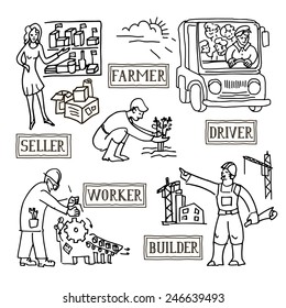 Set with hand drawn people of different professions. Doodle. Isolated on a white background.