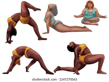 Set of hand drawn people doing yoga. Body positive 
