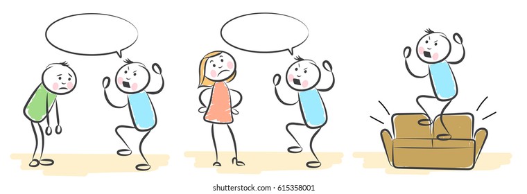 set hand drawn  people evil screams at man. Doodle miniature scenes. Hand drawn vector illustration for web design and infographic. 