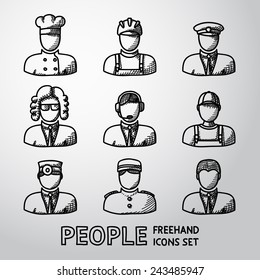 Set Of Hand Drawn People Faces Of Different Professions - Cook, Worker, Pilot, Law Man, Call Operator, Delivery Man, Doctor, Doorman, Clerk.