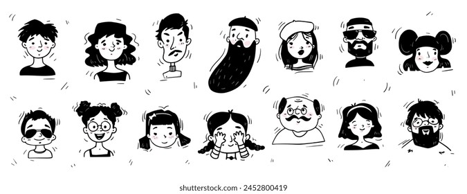 Conjunto de caras dibujadas a mano. Retratos en blanco y negro de diferentes hombres y mujeres. Iconos o avatares de garabatos para redes sociales. Ilustraciones vectoriales de contorno de dibujos animados aisladas sobre fondo blanco