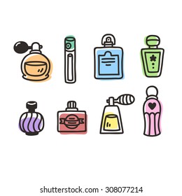 Set of hand drawn perfume bottles. Vintage cartoon style.