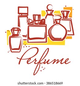 Set of hand drawn perfume bottles. Sketch. Perfume for woman. Beauty glass bottles. Elegant vector illustration