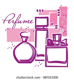 Set of hand drawn perfume bottles. Sketch. Perfume for woman. Beauty glass bottles. Elegant vector illustration
