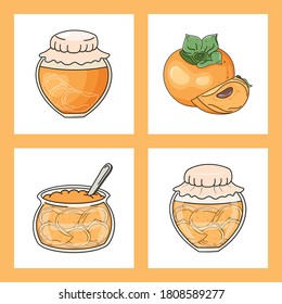 Juego de tarros de persimmon dibujados a mano con frutas maduras. Delicioso postre casero. Elementos gráficos vectoriales para tarjeta, paquete, etiqueta, café, impresión, banner, publicidad o afiche.