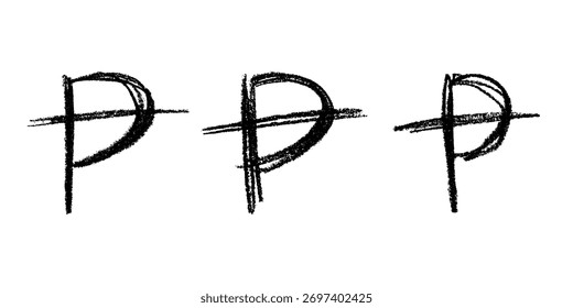 Set of hand drawn peseta currency symbol. Brush stroke doodle. Single element for design