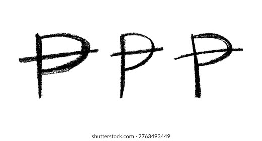 Set of hand drawn peseta currency symbol. Brush stroke doodle. Single element for design