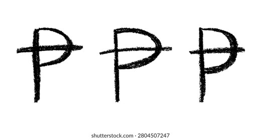 Set of hand drawn peseta currency symbol. Brush stroke doodle. Single element for design