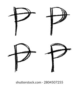 Set of hand drawn peseta currency symbol. Brush stroke doodle. Single element for design