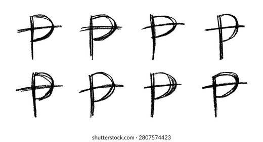 Set of hand drawn peseta currency symbol. Brush stroke doodle. Single element for design
