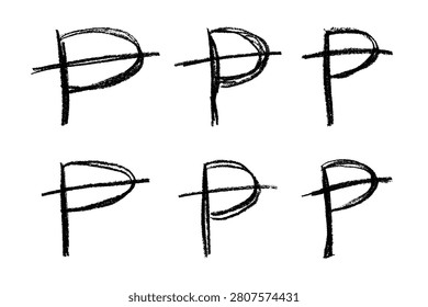Set of hand drawn peseta currency symbol. Brush stroke doodle. Single element for design