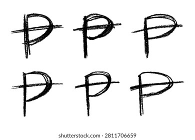 Set of hand drawn peseta currency symbol. Brush stroke doodle. Single element for design
