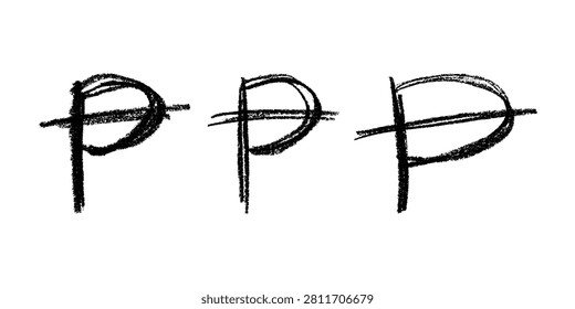 Set of hand drawn peseta currency symbol. Brush stroke doodle. Single element for design