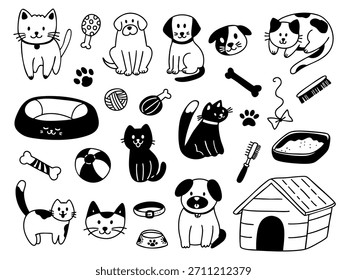 Set of Hand drawn pet animals and accessories in outline doodle style. Vector collection of cute pet illustration elements