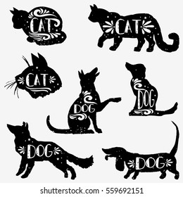 Set Of Hand Drawn Pets With Grunge Texture. Cats And Dogs Silhouette Collection. Vector.