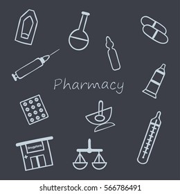Set of hand drawn pharmacy icons isolated on chalkboard. Vector illustration.