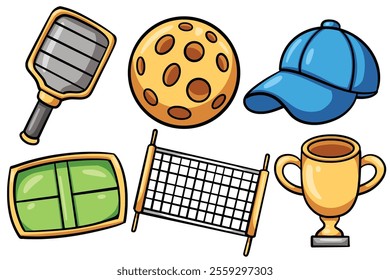 Set of Hand drawn pickle ball game element. collection of bat, ball, hat, net, trophy Isolated Vector