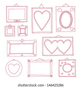Set of hand drawn picture frames. Heart shape. 