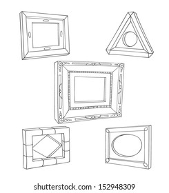 Set of hand drawn picture frames. Rectangular and triangular shape. Black and white. Isolated on white background.