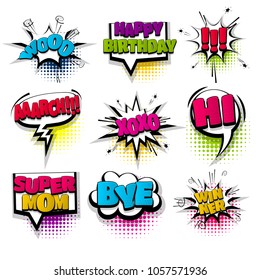 Set hand drawn pictures template comic text speech bubble halftone dot background pop art style.