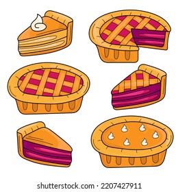 Set of hand drawn pie - cartoon style on white. Berry and pumpkin pies. Pieces and whole pies. Vector