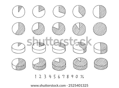 Set of hand drawn pie charts and numbers