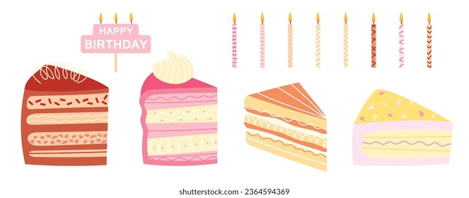 Set of hand drawn pieces of cakes and  candles set isolated on white background. Slises of cakes. Set of decorative candles.Vector design elements for postcards, stickers, label, logo and etc.