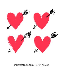 Set of hand drawn pierced hearts. Vector design element for Valentine's day.