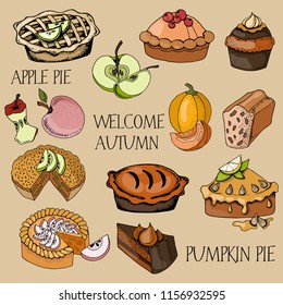 Set of hand drawn pies, baking with pumpkin and apples, color vector illustration