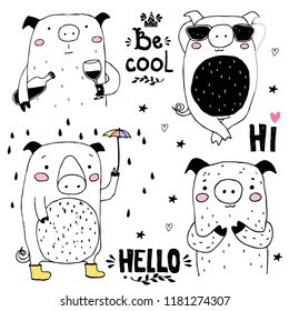 Set of hand drawn pig. Cute pig collection for prints and posters. New year 2019 symbol. Vector ink illustration