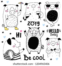 Set of hand drawn pig. Cute pig collection for prints and posters. New year 2019 symbol. Vector ink illustration