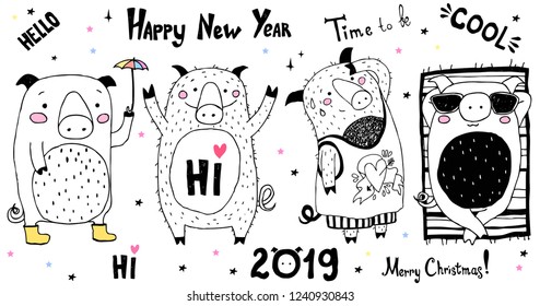 Set of hand drawn pig. Cute pig collection for prints and posters. New year 2019 symbol. Vector ink illustration