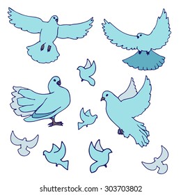 Set of hand drawn pigeons, isolated on white, outlined. Vector illustration