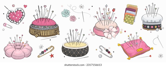 Set of hand drawn pin cushion, safety pin and sewing pin isolated on white background. Sewing tools. Vector illustration